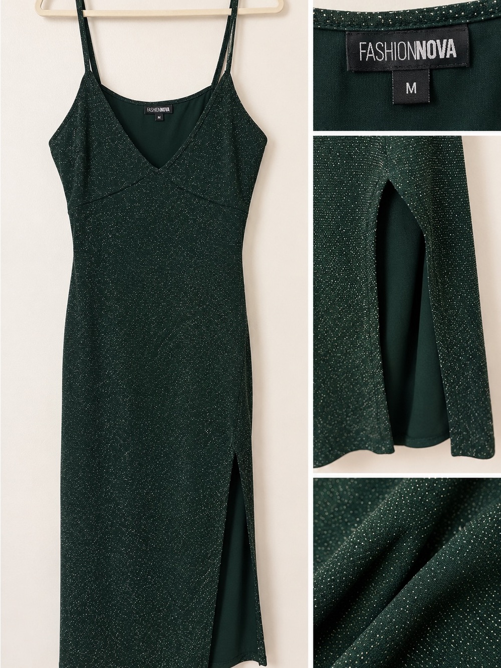 Fashion Nova Dark Emerald Sparkle Midi Slip Dress